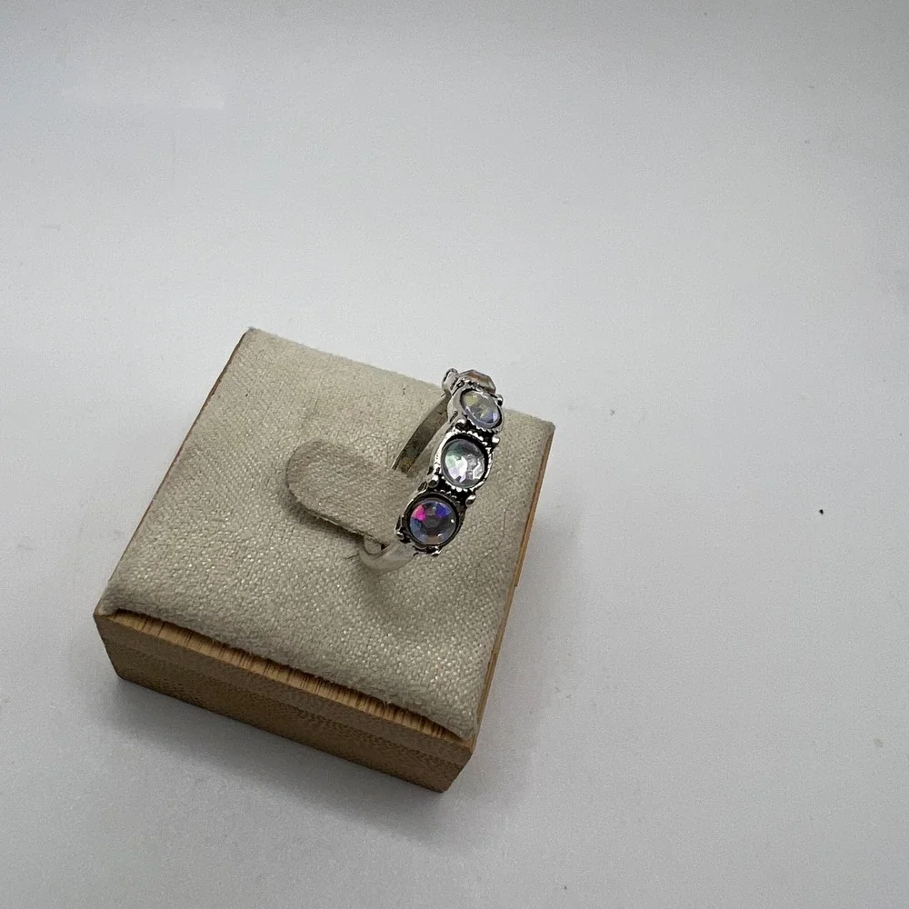 Silver Tone‎ Ring with Round Iridescent Rainbow Stones, Size 5.5